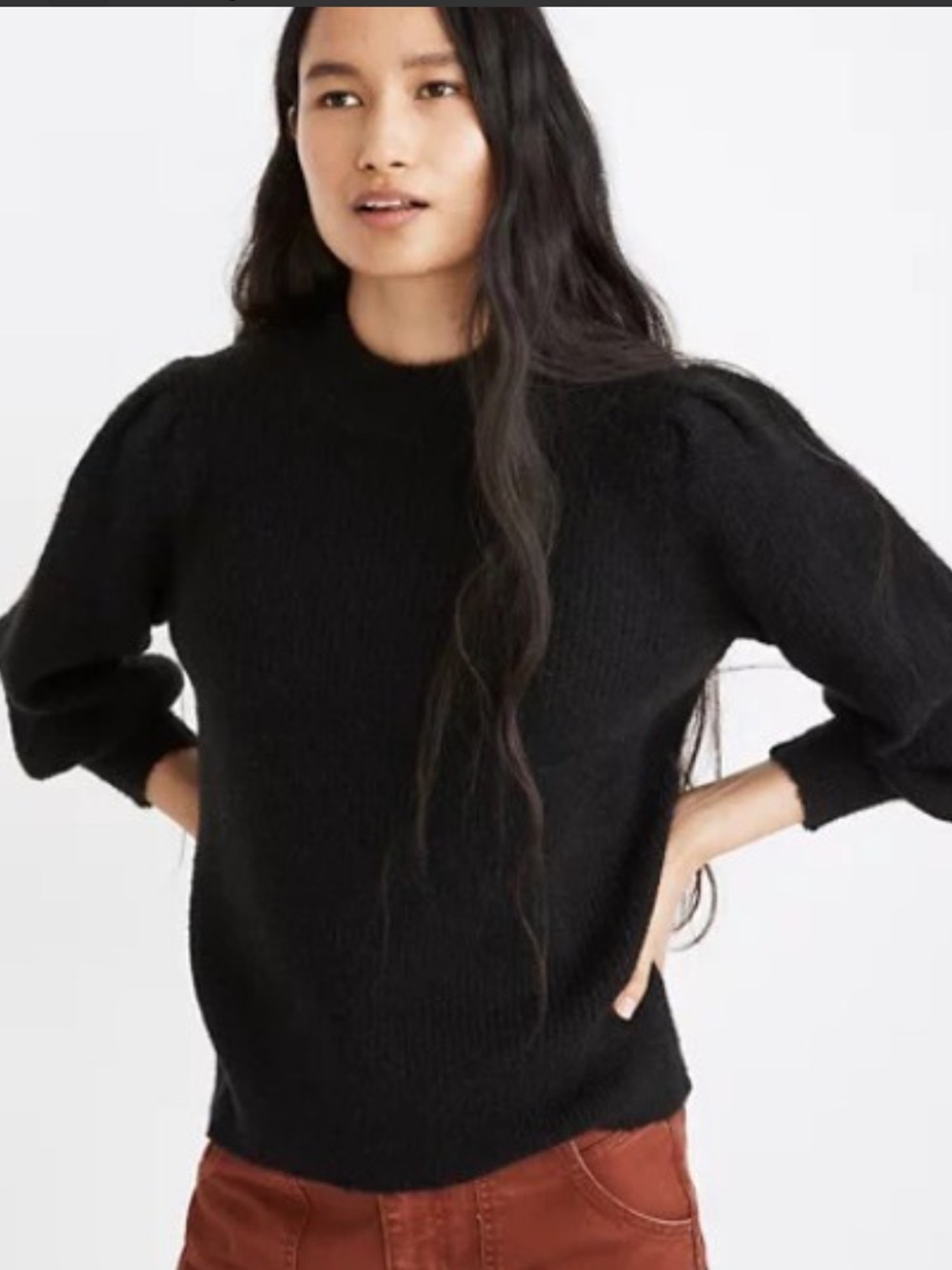 Madewell Eaton Black Puff-Sleeve Crewneck Sweater